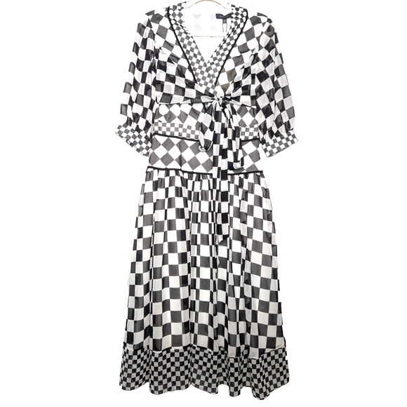 Black Gingham Check Sheer Chiffon Maximalist Avant Garde Midi Dress 6 - Picture 1 of 12